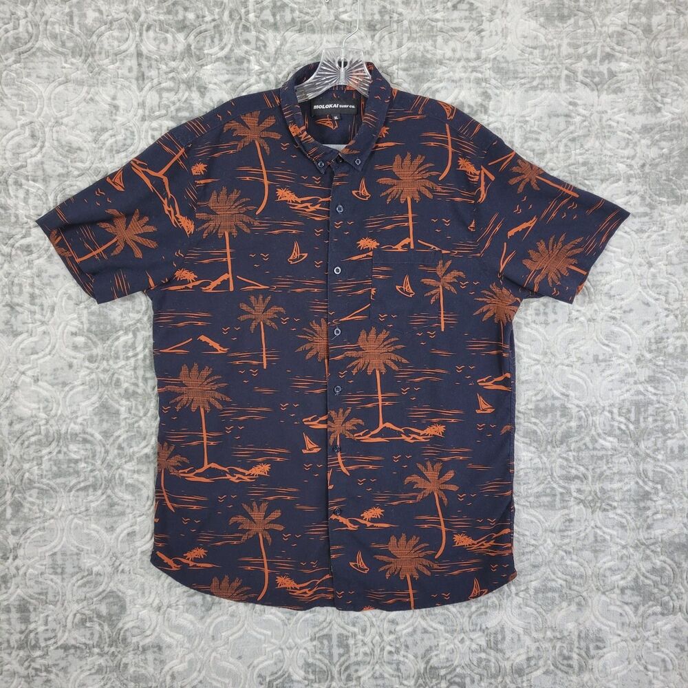 Molokai Surf Co Shirt Mens XL Blue Tropical Palm Tree Floral Hawaiian Rayon